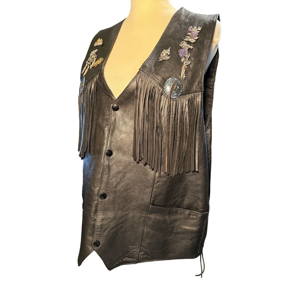 Vintage Black Fringe Leather Motorcycle Vest, Vintage Biker Rally Pins, Women XL